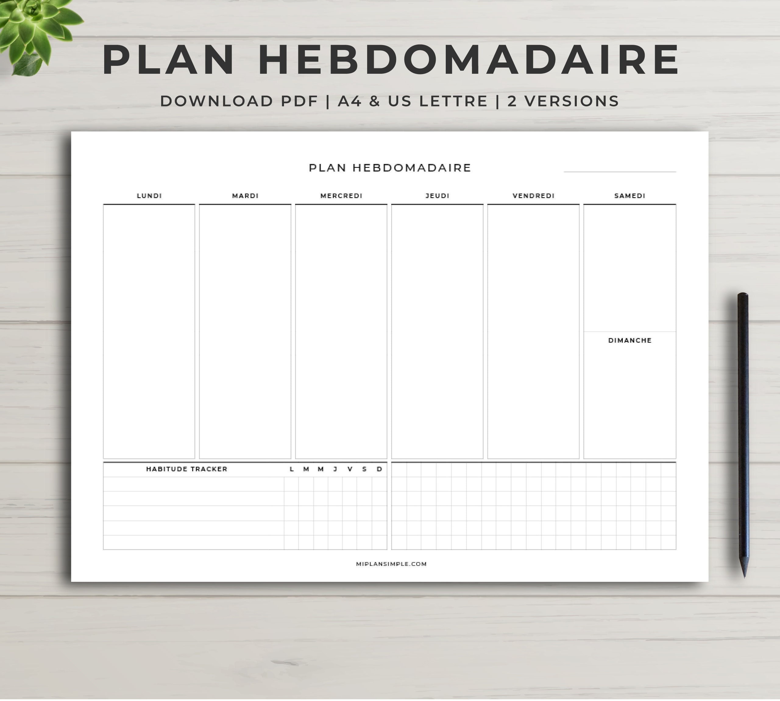 Calendrier hebdomadaire à imprimer de format paysage