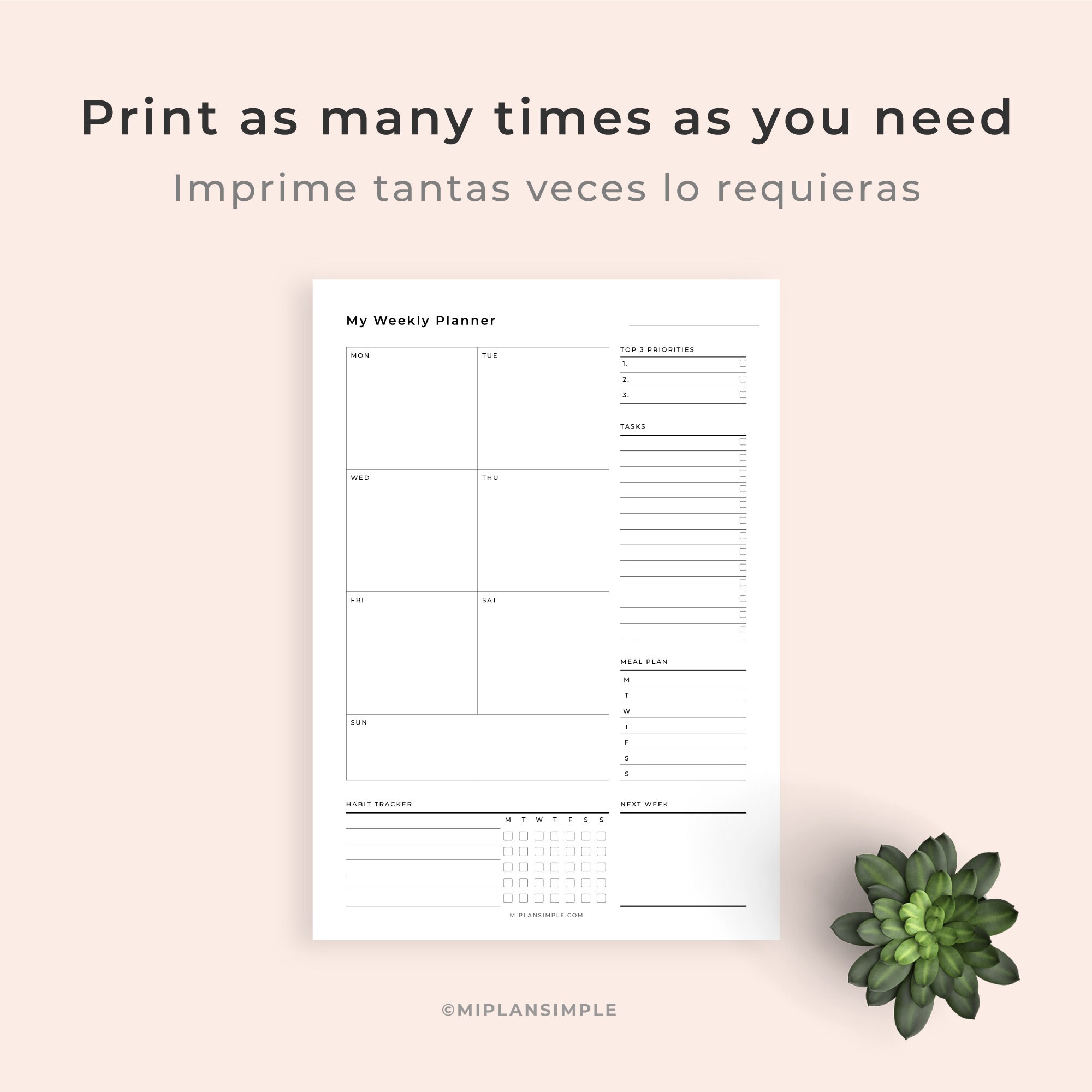 Weekly Planner Printable Week at Glance Habit Tracker Meal - Etsy
