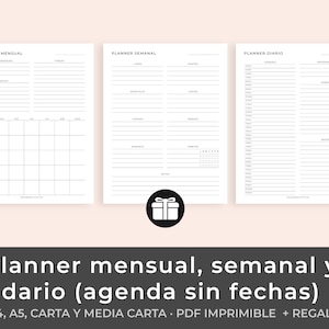 Agenda sin fechas, planificador semanal español, planner mensual, horario diario, planner minimalistas, A4, inserts A5 y Carta