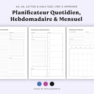 Planejador diário, planejador semanal, planejador mensal em francês, inserções de planejador, PDF A4/A5/carta/tamanho médio