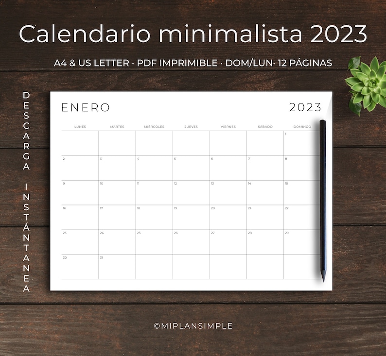 Calendario Imprimible 2023 Calendario Mensual Minimalista Etsy Canada