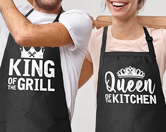 Set of 2 - King of the Grill ~ Queen of the Kitchen | Funny Couples Matching Kitchen Chef Apron with Pockets and Adjustable Strap, His & Her