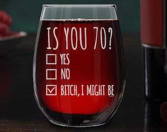 70th Birthday Wine Glass Gift for Women Is You 70? Yes No Engraved Stemless Wine Glass