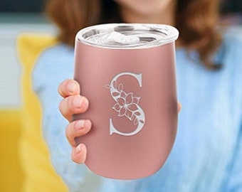 Floral Monogram Letter Initial  Engraved Insulated Stainless Steel Wine Tumbler with Lid 12 oz. Birthday Gift. Mothers Day Gift Gift For Mom