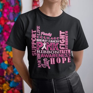 Apoya la camiseta de concienciación sobre el cáncer de mama. Camiseta contra el cáncer de Faith Fight Hope. Luchador contra el cáncer. Regalo para el cáncer de mama. Cinta rosa. Guerrero del cáncer.