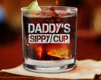 Daddy's Sippy Cup Engraved Whiskey Glass Promoted To Daddy New Dad | Premium Engraved Rock Glass | Fathers Day, Birthday, Christmas Gift