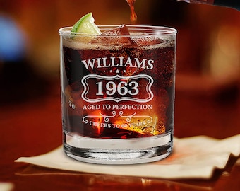 Personalized Aged To Perfection Birthday Custom Engraved Name, Year, Age Whiskey Glass 11 oz. Custom Whiskey Glass. Birthday Gift.