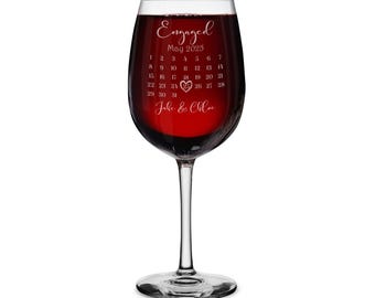 Custom Engaged Save the Date Calendar Personalized Keepsake Engraved Stemmed Wine Glass Customized Bride Groom Romantic Anniversary Gift