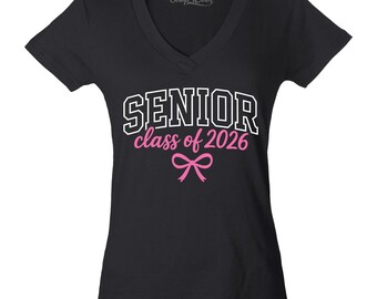 Senior Class of 2026 Cute Pink Bow Ribbon Women's V-Neck T-Shirt Slim Fit, Senior 2026. Senior Shirt. Senior Gift. Graduation Gift.