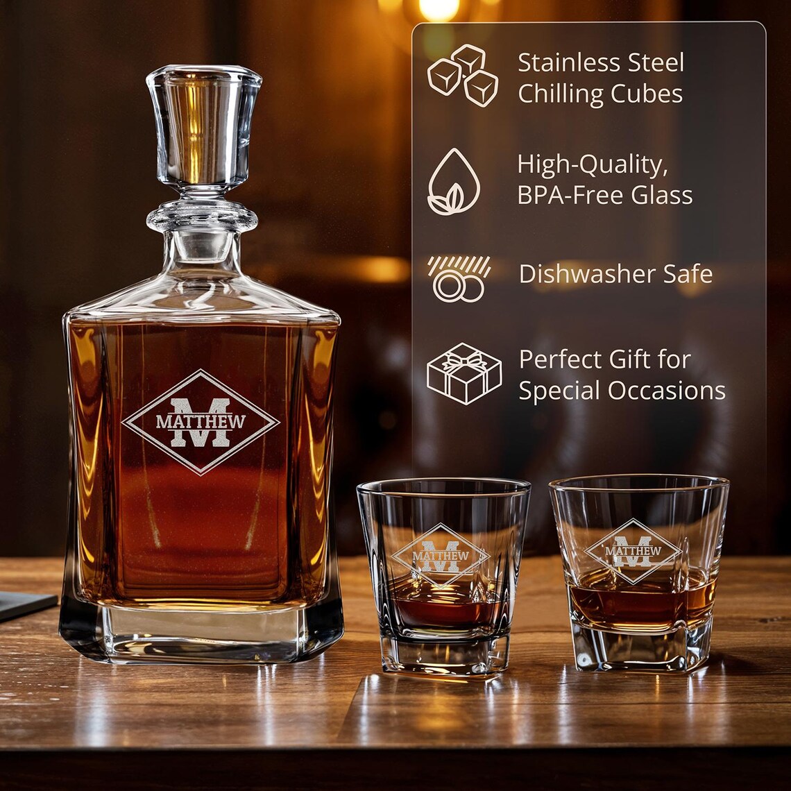 Custom Engraved Monogram Minimal Design 6 Options Whiskey Decanter Gift ...
