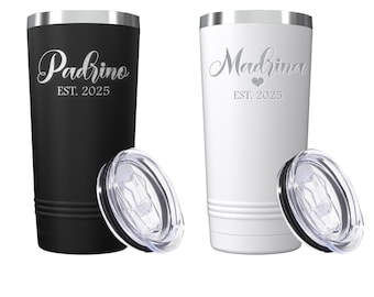 Set of 2 Padrino Madrina Established 2025 Engraved Insulated Stainless Steel Tumbler with Lid 20 oz. Couples Gift. Godparents Gift.