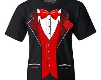 Classic Tuxedo with Red Rose Youth's T-Shirt Party Costume Shirts. Youth Tuxedo Christmas Outfit Boys Party Costume Tee, Holiday Party Shirt