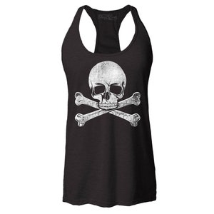 May include: A black tank top with a white skull and crossbones graphic. The skull and crossbones are distressed and have a vintage look.