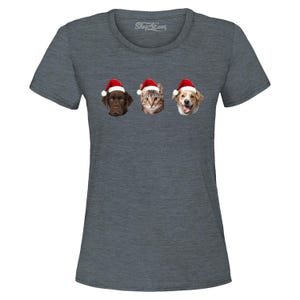 May include: A heather gray women's t-shirt with a graphic of a dog, cat, and dog wearing Santa hats. The text "Shop4Ever" is printed on the shirt.