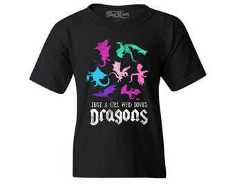 Just A Girl Who Loves Dragons Child's T-Shirt Kids Tee. Cute Fantasy Dragon Lover Gift for Girls. Youth Graphic Tee. Magical Creature Shirt.