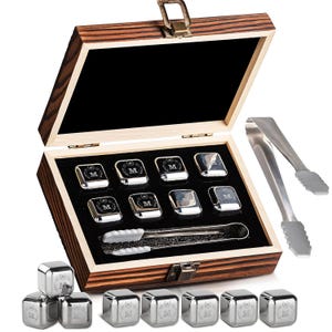 Whiskey Stones Gift Set Custom Monogram 8PCS Silver Stainless Steel Ice Cubes w/ Tongs, Wood or Plastic Box, Whiskey, Bourbon Chilling Rocks