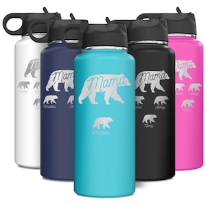 Personalized Water Bottle Mama/Papa Bear and Custom Cubs Name Insulated Stainless Steel with Flip Top Lid and Straw. Mothers Day Gift.