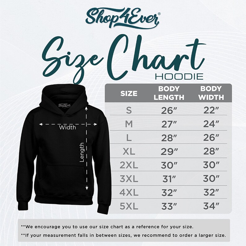 May include: Size chart for hoodies with measurements in inches for body length and width. Sizes range from S to 5XL.