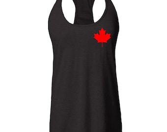 May include: Black racerback tank top with a red Canadian maple leaf on the left chest.