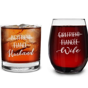 Boyfriend Fiance Husband Girlfriend Fiancee Wife Couples Gift Set Engraved Whiskey Glass and Stemless Wine Glass for Him for Her