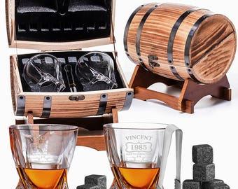 Personalized Aged To Perfection Whiskey Gift Set for Men. Engraved Whiskey Glass Set with Wooden Barrel, 40th 50th 60th Birthday Gift.