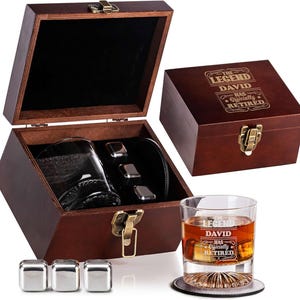 Custom This Legend Your Name Has Retired Keepsake Whiskey Gift Set with Glass Leather Coaster & Stainless Steel Whiskey Stones Wood Box Gift