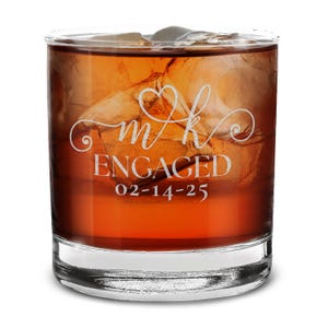 Custom His and Her Initials Heart Engaged Date Personalized Keepsake Whiskey Glass 11 oz. Customized Wedding Bride Groom Engagement Gift