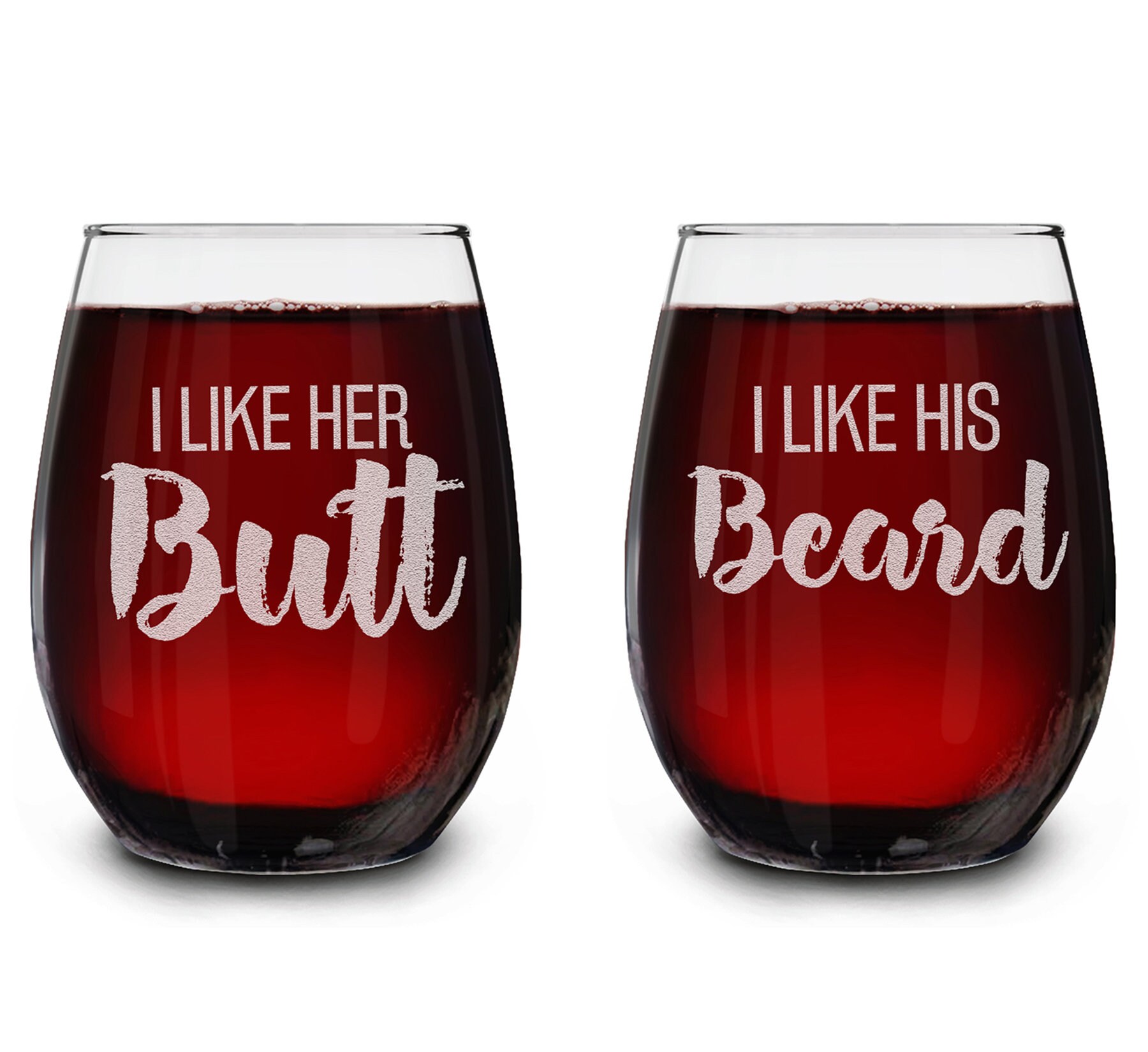 I Like His Beard, I Like Her Butt - Insulated Stemless Wine Glass