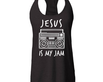 May include: Black tank top with a white graphic of a boombox and the text "JESUS IS MY JAM".