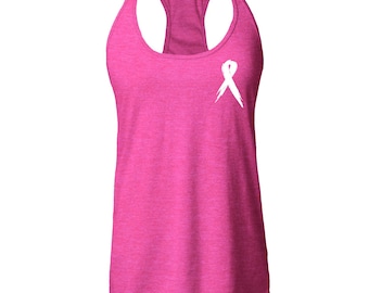 Breast Cancer Awareness Ribbon Pocket Pocket Women's Racerback Tank Top Cancer Tee. Cancer Fighter. Breast Cancer Gift. Pink Ribbon.
