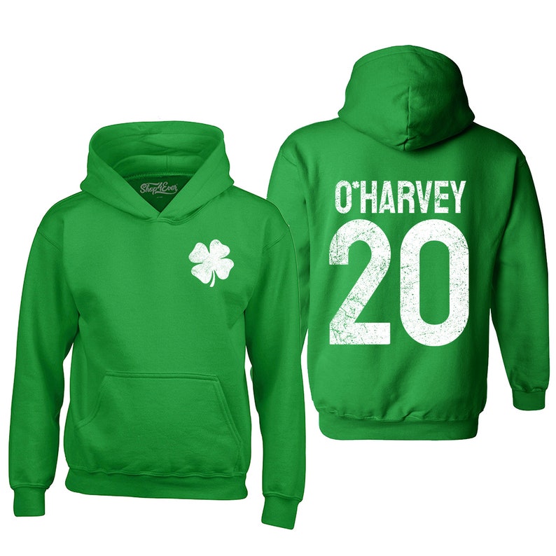 Custom Irish hoodie sweatshirt featuring your name and jersey number with a Shamrock design. Perfect for St. Patrick's Day, Irish drinking celebrations, and personalized gift ideas.