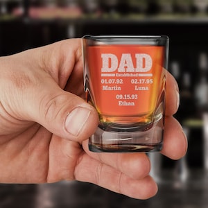 Personalized Gift For Dad Custom Child Names. Dad Est. Square Shot Glass 2 oz. Fathers Day Gift. Best Dad. Husband Gift. Gift For Him.