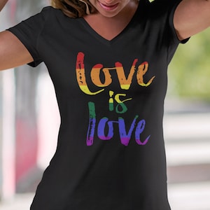 May include: Black v-neck t-shirt with the text "Love is Love" in rainbow colors.