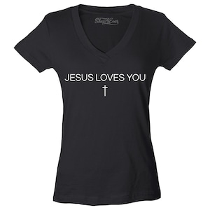 Jesus Loves You Minimal Cross Religious Women&#39;s V-Neck T-Shirt Slim Fit Women&#39;s V-Neck T-Shirt Slim Fit Christian Shirt. Christian Gift.
