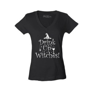 Drink Up Witches Funny Halloween Women&#39;s V-Neck T-Shirt Slim Fit, Halloween Shirt, Witch Shirt, Skeleton Dancing, Halloween Costume.