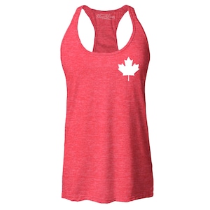 May include: Red racerback tank top with a white Canadian maple leaf graphic on the left side.