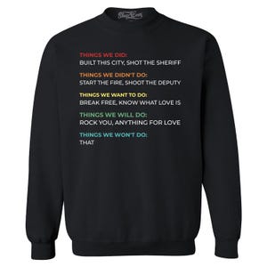 Moletom engraçado com letras de músicas de rock – Things We Did Didn’t Do Want Will Won’t Do – Presente perfeito para fãs de rock clássico e amantes da música.