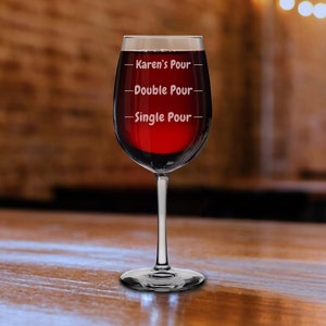 A custom 16oz stemmed wine glass engraved with your name and options for single or double pour. Perfect for wine lovers, this personalized wine glass makes an ideal gift for Christmas or any special occasion, offering a unique and thoughtful touch.
