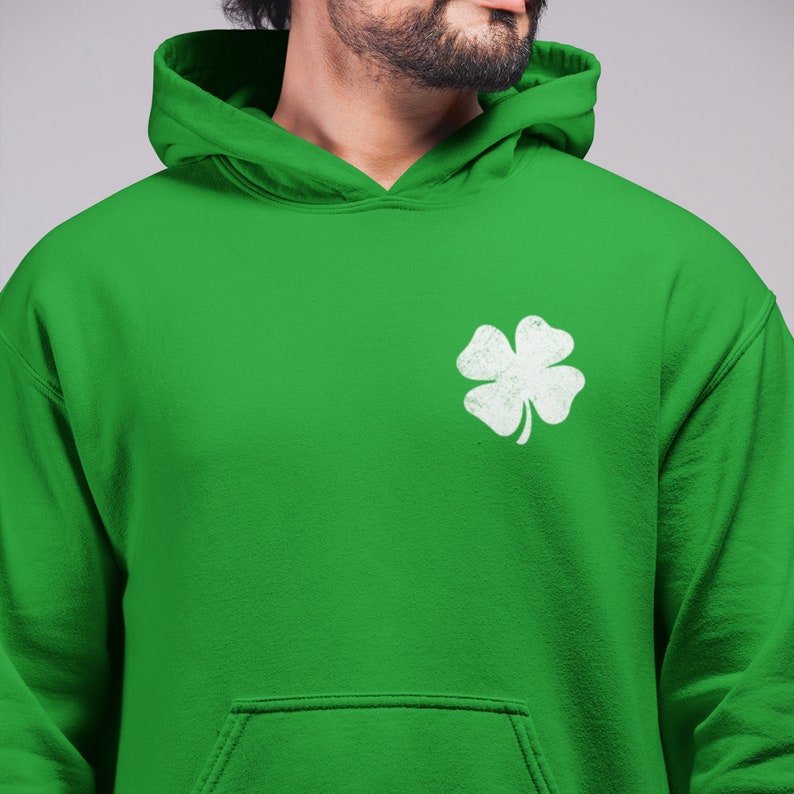 Custom Irish hoodie sweatshirt featuring your name and jersey number with a Shamrock design. Perfect for St. Patrick's Day, Irish drinking celebrations, and personalized gift ideas.