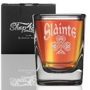 Irish Day Glass. Slainte Celtic Knot Irish Scotish Toast Cheers St. Patrick's Day Engraved Square Shot Glass 2 oz. with Gift Box Irish Gift.