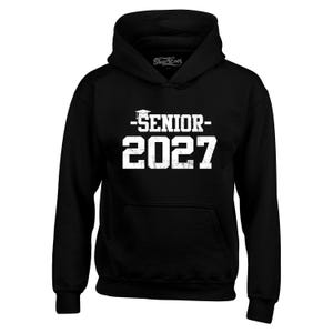May include: A black hooded sweatshirt featuring a white graphic print on the chest. The design includes a graduation cap icon above the word SENIOR and the number 2027 in a distressed font. The brand name Shop4Ever is printed on the inner neck label.