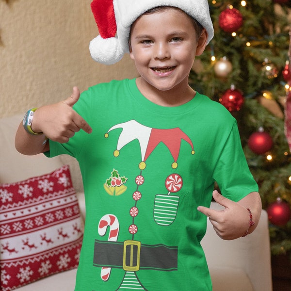 Elf Costume Christmas Candy Holiday Kids T-Shirt Elves Childs Tee