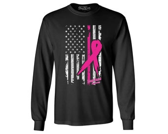 Pink Breast Cancer Ribbon American Flag Men's Long Sleeve Shirt Breast Cancer Awareness Shirt. Cancer Tee. Cancer Fighter Breast Cancer Gift