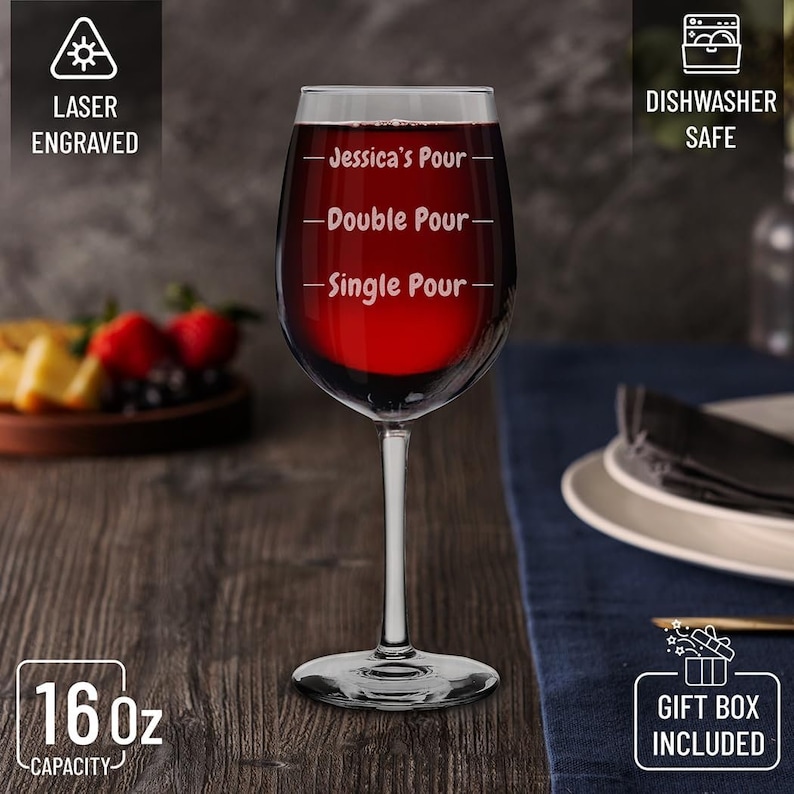 A custom 16oz stemmed wine glass engraved with your name and options for single or double pour. Perfect for wine lovers, this personalized wine glass makes an ideal gift for Christmas or any special occasion, offering a unique and thoughtful touch.