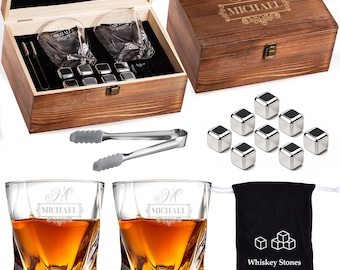 Engraved Whiskey Gift Set, Filigree Monogram, Personalized Wood Box
