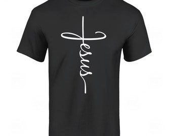 May include: Black t-shirt with a white graphic of a cross with the word "Jesus" written vertically down the center.