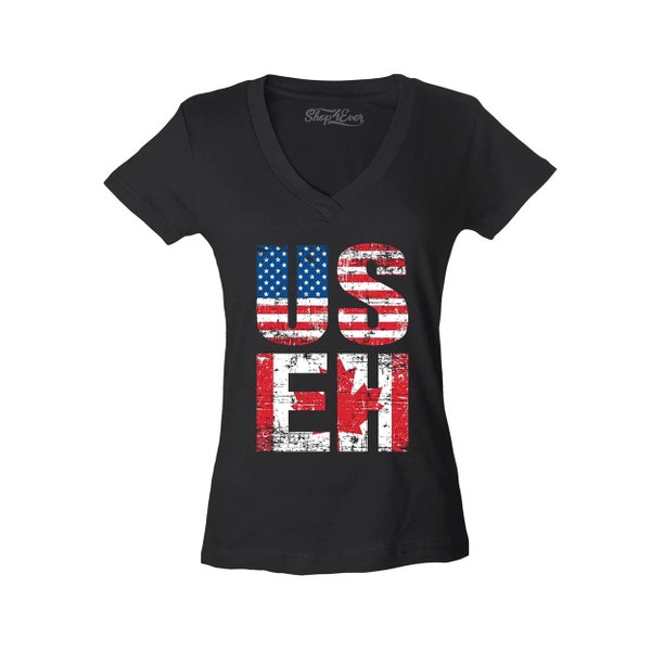 US EH American Canadian Flag Humor Women's V-Neck T-Shirt Slim Fit Canadian Flag. USA Flag. American Flag Shirt. Canada Flag Shirt.