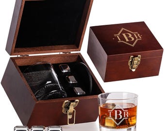 Custom Monogram Simplistic Initial Name Whiskey Gift Set with Glass Leather Coaster & Stainless Steel Whiskey Stones Wood Box Gift for Him