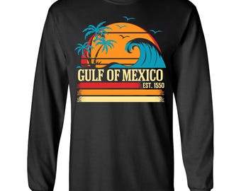 Camiseta de manga larga con diseño de olas retro del Golfo de México (Est. 1550), camiseta mexicana, camiseta política del Golfo de México. Camiseta de resistencia.