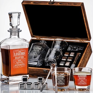 Custom Retirement The Legend Your Name Has Officially Retired Whiskey Decanter Gift Set Bourbon Glasses, Whiskey Stones, & Tongs Retiree